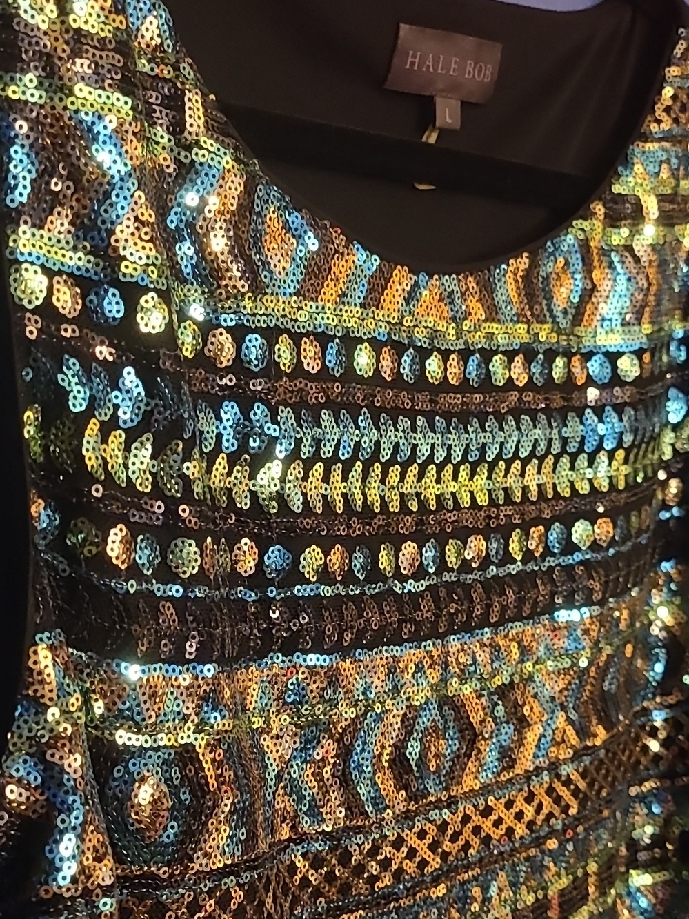 Hale Bob Black Sequined Mini Dress with Iridescent Blue and Gold Accents